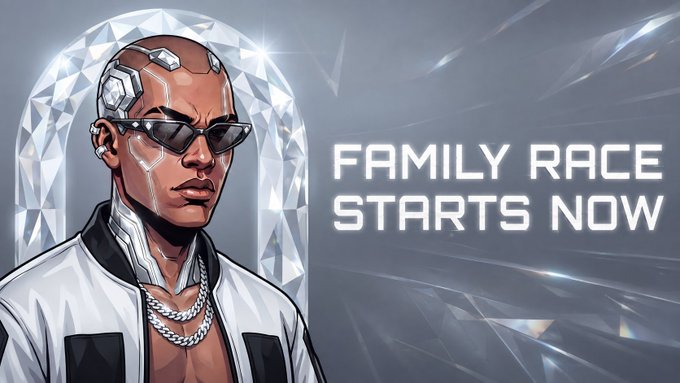 A futuristic character with cybernetic implants on his head, wearing sunglasses and silver chains, standing next to the glowing text 'FAMILY RACE STARTS NOW' against a crystalline backdrop.