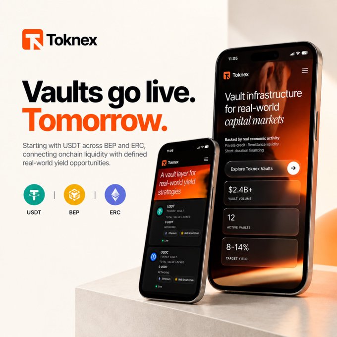 A promotional advertisement for Toknex featuring two smartphones displaying the app interface, with text reading 'Vaults go live. Tomorrow.' and 'Vault infrastructure for real-world capital markets' alongside icons for USDT, BEP, and ERC.