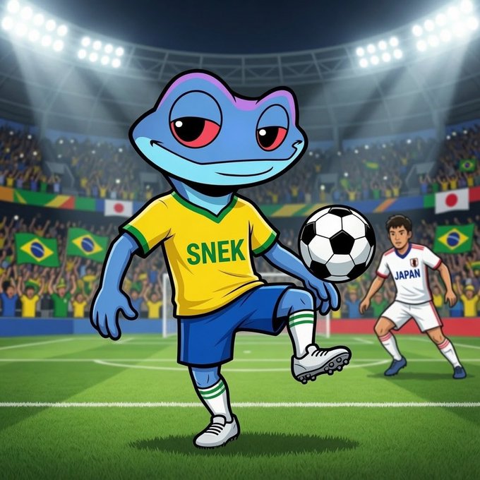 A cartoon illustration of a blue snake-like mascot character wearing a yellow Brazil jersey labeled 'SNEK,' playing soccer in a stadium with a Japanese player in the background and Japanese and Brazilian flags visible.