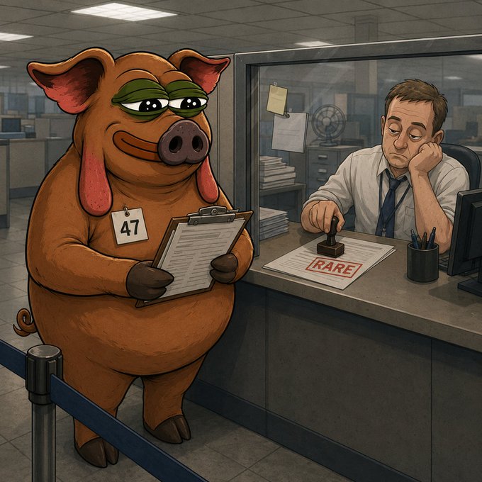 A cartoon illustration of a pig wearing a '47' badge holding a clipboard, standing in line at a government office in front of a tired-looking clerk stamping a paper marked 'RARE'.