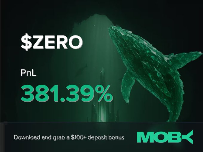 The image shows a green whale with blue accents positioned centrally against a black background. The text "ZERO" is displayed above the whale, indicating that a trader has closed a position of $ZERO at PnL +381.39%. This signifies a successful trade on the Moby trading platform, as indicated by the post saying "Win Alert A trader on Moby Mobile just closed a position of $$ZERO with a PnL of $$3.67M MC." The post also mentions that "ZERO has been trending on Moby since $210.32K MC." This suggests that the whale's trading performance is being monitored and appreciated by other traders in the platform.