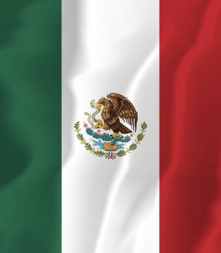 The flag of Mexico, displaying its green, white, and red vertical stripes with the national coat of arms (an eagle perched on a cactus with a snake) in the center.