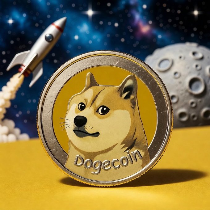 The image features a coin with a cartoon dog face on it, which has the word "Dogecoin" written on it. The coin is placed against a backdrop of a rocket ship flying through space. This combination of elements creates an interesting contrast between the traditional concept of money and the futuristic theme represented by the rocket ship.