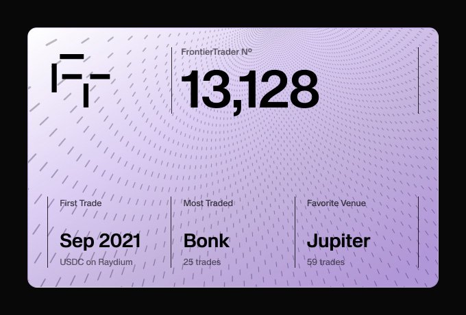 A purple and white digital trading card displaying "FrontierTrader № 13,128" with stats: First Trade Sep 2021 (USDC on Raydium), Most Traded Bonk (25 trades), and Favorite Venue Jupiter (59 trades).