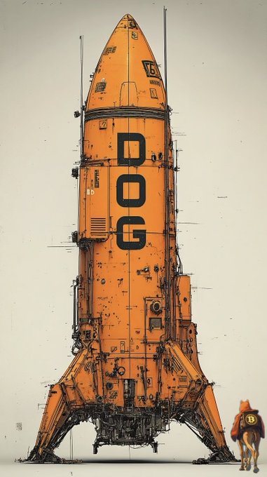 An artistic illustration of an orange rocket ship labeled 'DOG' with a figure wearing a spacesuit walking beside it.