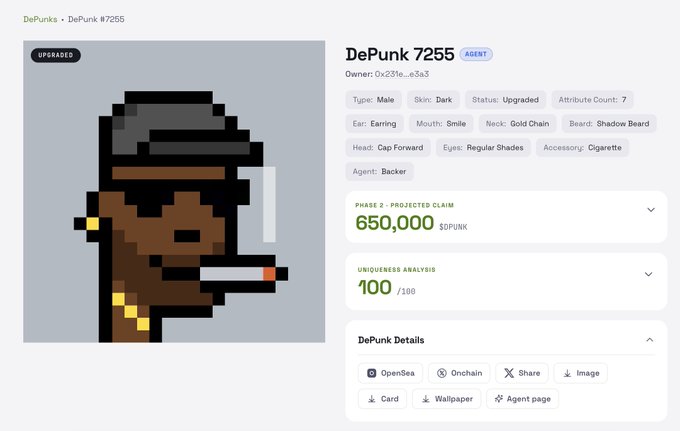 A screenshot of an NFT marketplace page displaying 'DePunk #7255', an 8-bit pixel art character wearing a cap and gold chain with a cigarette, listed with a projected claim of '650,000' and a uniqueness score of '100/100'.