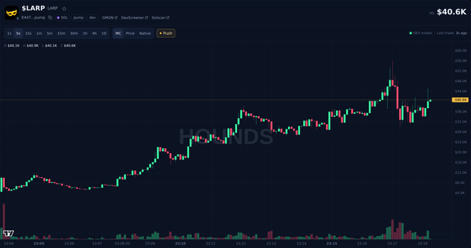 A financial chart showing the price of $LARP at $40.6K, with the word 'HOUNDS' watermarked across the center.