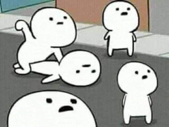 Several round, white cartoon figures with simple dot eyes and small mouths are gathered in a street scene, with one kneeling over another lying on the ground while others look on with varying expressions of concern or surprise. The image humorously captures a moment of chaotic disarray, fitting the post's urgent tone about vouching "at haste."