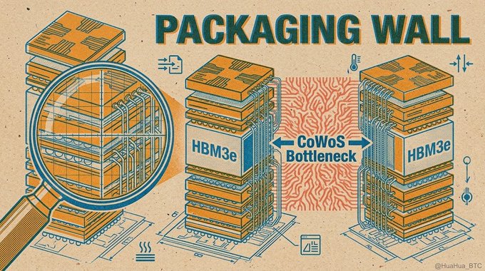 An illustrated infographic titled 'PACKAGING WALL' showing stacked HBM3e and HBM3e memory modules with a magnifying glass examining a chip, highlighting a 'CoWoS Bottleneck' between them. Watermark reads '@HuaiHua.BTC'.