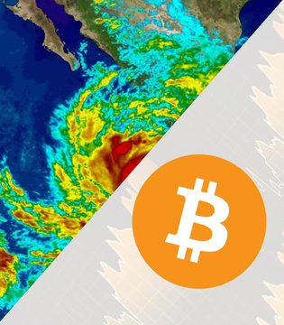A split image showing a hurricane satellite view with the Bitcoin logo overlay, depicting weather imagery combined with cryptocurrency symbolism.