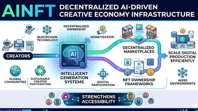 The image shows a graphic that illustrates the development of a new, innovative economic system. This system utilizes blockchain technology as its foundation for various applications such as tokenization, token economy systems, smart contracts, and the creator economy. The image features a large blue AI brain symbol at the center, which represents an AI-driven central processing unit. Multiple colorful icons depict different aspects of this creative economy infrastructure, including smart contracts and token systems. The post explains that the creator economy is expanding rapidly with the help of blockchain technology, allowing for decentralized ownership, monetization, and increased participation in digital communities across the globe.