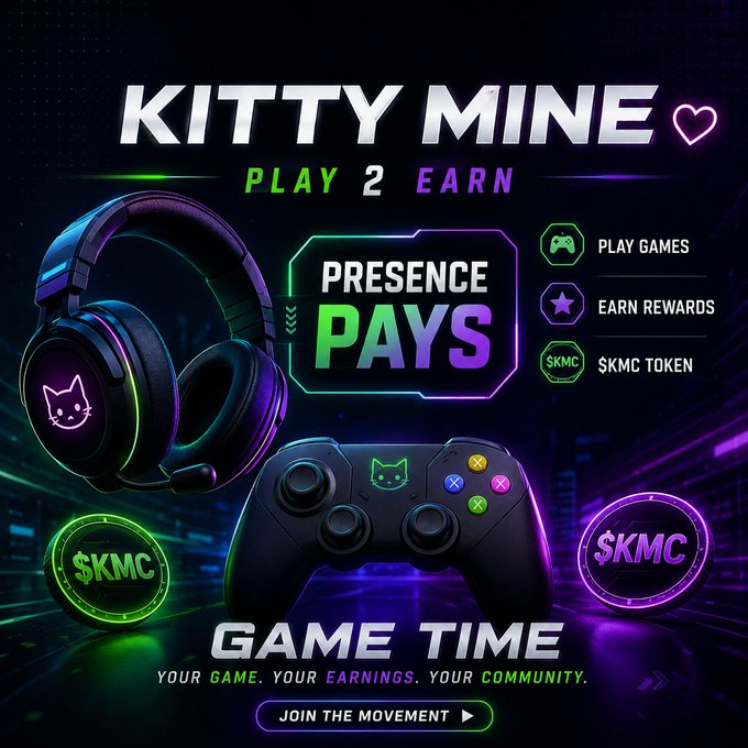 A neon-themed promotional graphic for 'KITTY MINE' featuring a gaming headset and controller, with text promoting 'PLAY 2 EARN', 'PRESENCE PAYS', and the '$KMC' token.
