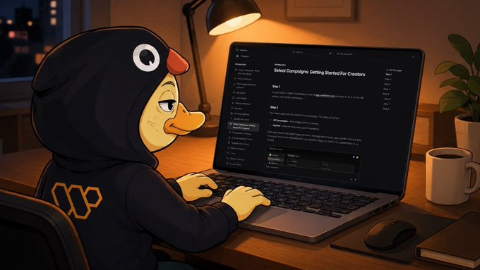 An illustrated penguin character wearing a dark hoodie sits at a desk working on a laptop displaying 'Select Campaigns: Getting Started for Creators,' illuminated by a warm desk lamp.
