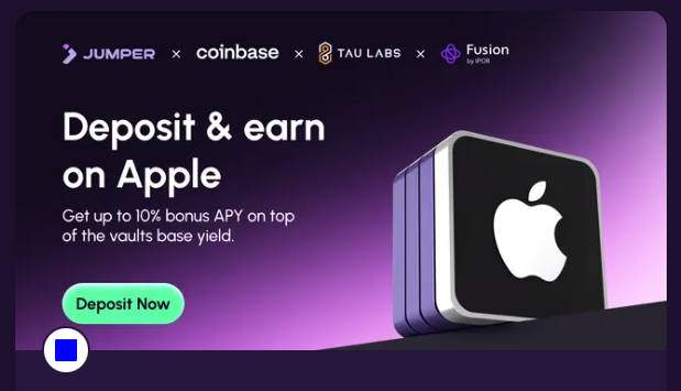 A digital advertisement for crypto platforms JUMPER, Coinbase, TAU LABS, and 'Fusion by PCH' promotes 'Deposit & earn on Apple' with up to 10% bonus APY.