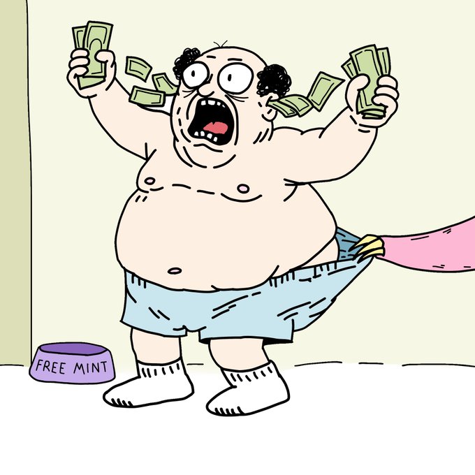 A cartoon illustration depicts a panicked, overweight shirtless man holding money in both hands while someone's hand pulls down his pants, with a 'FREE MINT' bowl visible on the floor.