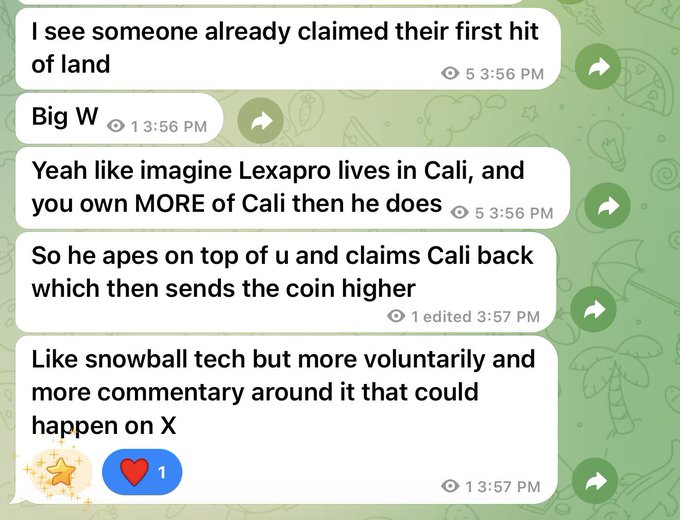 A text message screenshot where a user says 'I see someone already claimed their first hit of land,' to which another replies 'Big W,' followed by a discussion about how 'Lexapro' could buy back California if they owned more of it than him, comparing it to snowball tech.