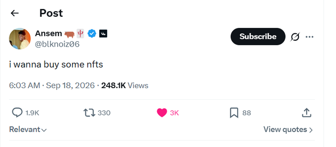 An X (formerly Twitter) post from user "Ansem" (@blknoiz06) reading "i wanna buy some nfts" with 248.1K views, 1.9K replies, and 3K likes.