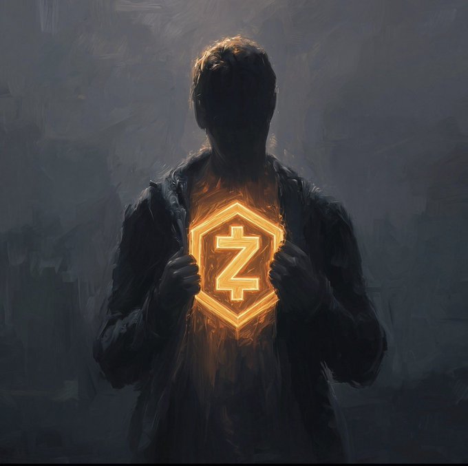 A dark, painterly illustration of a silhouetted figure holding open their jacket to reveal a glowing golden Zcash (ZEC) logo on their chest.
