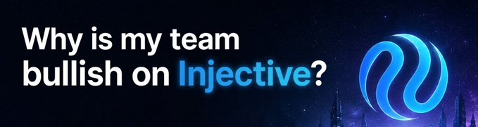 The image features a banner with the text "Why is my team bullish on injective?" written above a blue circle that has a white swirl pattern inside of it, which is the logo for the game Injective. The caption below the logo reads "Focus on what is in the image and how it relates to the post".