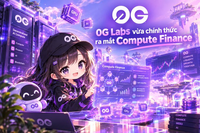 Anime-style promotional graphic for 'OG Labs vừa chính thức ra mắt Compute Finance' featuring a chibi character with a robot companion against a futuristic purple cityscape.