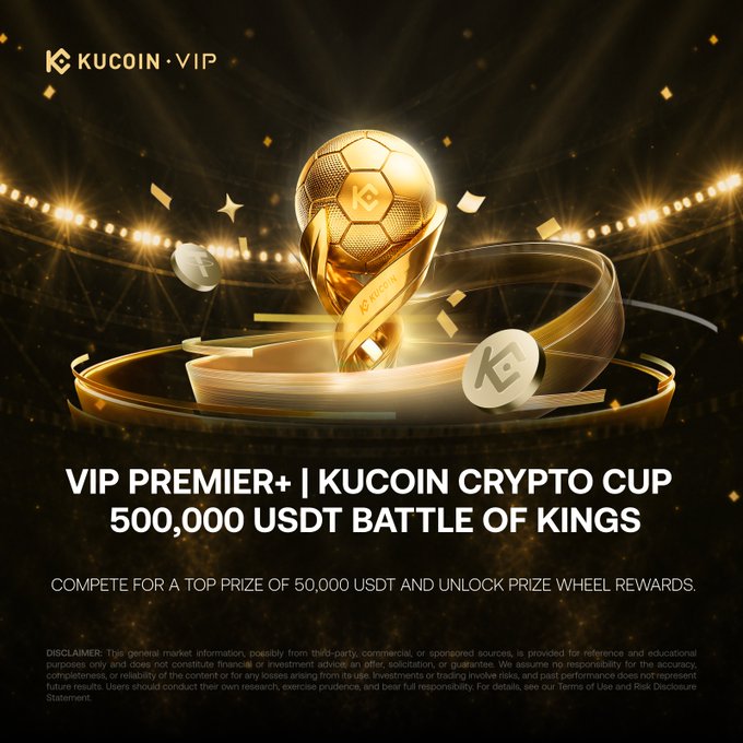 KuCoin promotional poster for 'VIP PREMIER+ | KUCOIN CRYPTO CUP 500,000 USDT BATTLE OF KINGS' featuring a golden soccer ball trophy, offering a top prize of 50,000 USDT and prize wheel rewards.