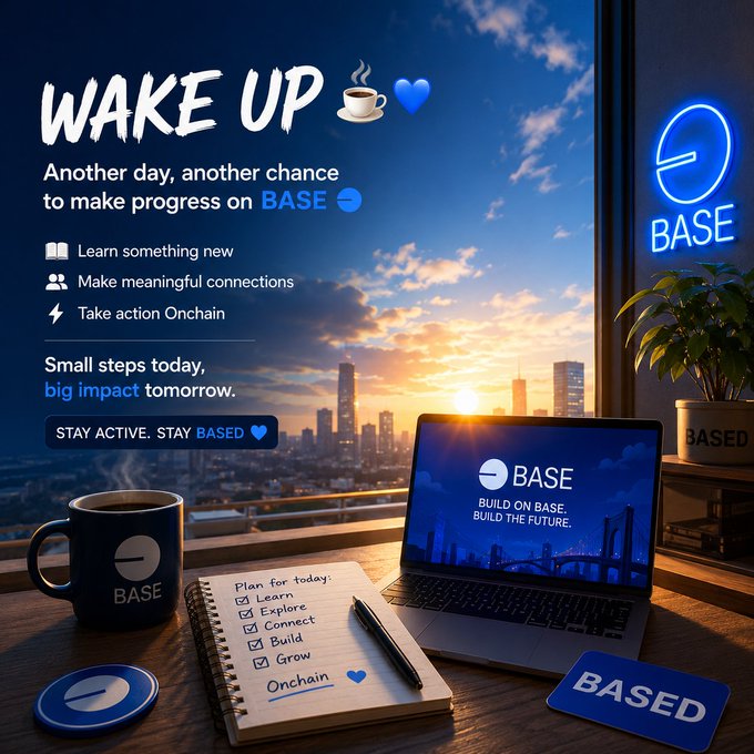 The image shows an open laptop computer sitting on a desk with a notebook and pen nearby, suggesting that someone might be working or studying from home. The background features a city skyline at sunset, creating a serene atmosphere for productivity. The caption of the image reads "Wake Up Another day on Base another chance to grow onchain. Small steps matter a single interaction, a lesson, or a connection can move you forward. Stay consistent, keep building, keep learning. Stay active. Stay Based @base @baseapp @jessepollak @buildonbase".