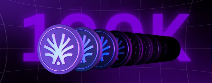A purple-themed graphic displaying a '100K' milestone with a row of circular tokens featuring a tree-like logo.