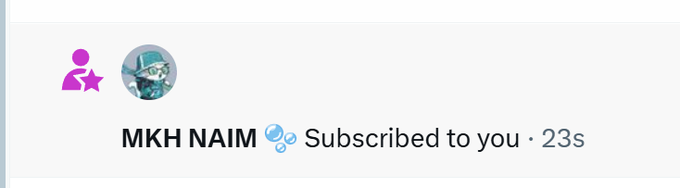 A notification showing that "MKH NAIM" (verified with a blue checkmark) has subscribed, timestamped 23 seconds ago. This relates to the post celebrating a new subscriber, @naim_mkh, joining the community.