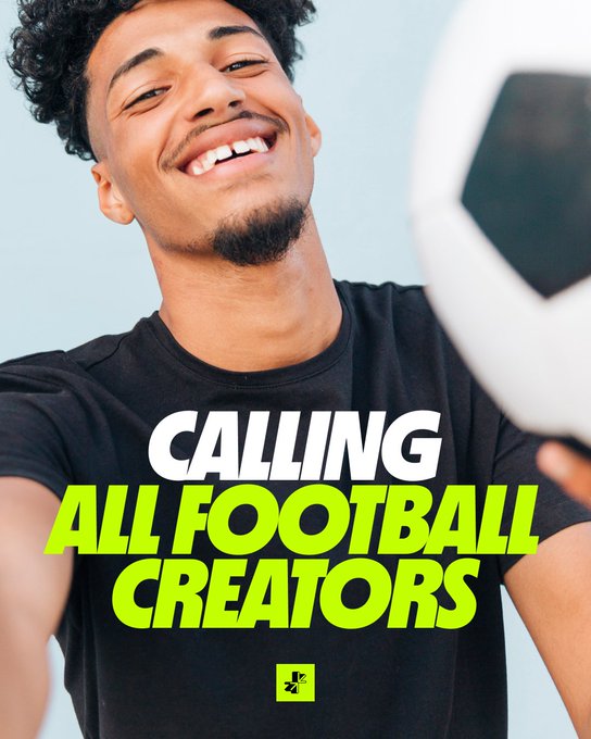 A smiling young man in a black shirt holds up a soccer ball next to bold graphic text reading "CALLING ALL FOOTBALL CREATORS," visually promoting the post's call for football content creators to collaborate with the brand.