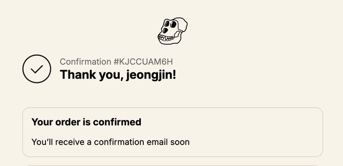 An order confirmation screen featuring a monkey skull logo with the text 'Confirmation #KJCCUAM6H' and 'Thank you, jeongjin!', stating 'Your order is confirmed' and 'You'll receive a confirmation email soon'.