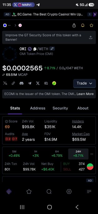 A mobile screenshot of the GMGN crypto platform showing the OMI Token (OMI/WETH) priced at $0.0002565 (+8.71%) with a $69.51M MCAP, displaying stats like a score of 69, 14.4K holders, and 24H volume of $99.8K.