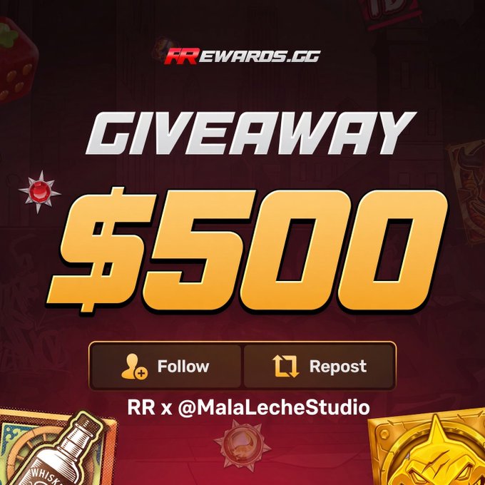 A giveaway promotion image from "RRewards.gg" featuring a "$500" prize in bold gold text, with instructions to Follow and Repost in collaboration with "@MalaLecheStudio," decorated with game-related iconography like a bottle, badge, and coin.