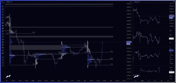 Financial trading charts on a dark background displaying BTCUSD on the left and multiple smaller charts on the right, with various volume zones, trade levels, and timestamps from August.