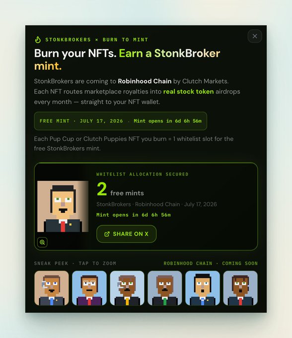 A promotional screen for a 'STONKBROKERS x BURN TO MINT' NFT campaign on the Robinhood Chain, with free mint on July 17, 2026, and a countdown showing 6d 6h 56m.