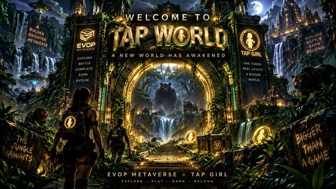 Promotional artwork for 'TAP WORLD' reads 'WELCOME TO TAP WORLD A NEW WORLD HAS AWAKENED' with 'EVOP METAVERSE' and 'TAP GIRL' branding, plus slogans like 'EXPLORE PLAY EARN BELONG'.