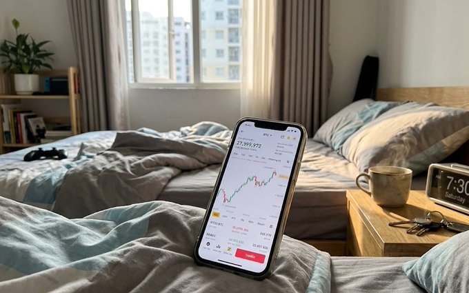A smartphone displaying a Bitcoin price chart (showing ~27,399,977 BTC) rests on an unmade bed in a sunlit bedroom with a digital clock showing 7:30.