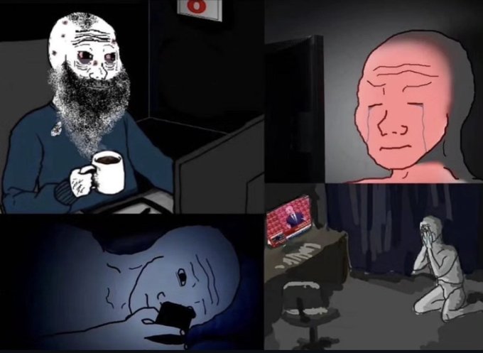 A four-panel comic-style illustration depicting a bearded 'doomer' character in various melancholic scenes, including one with a wojak face and another showing the character in distress.