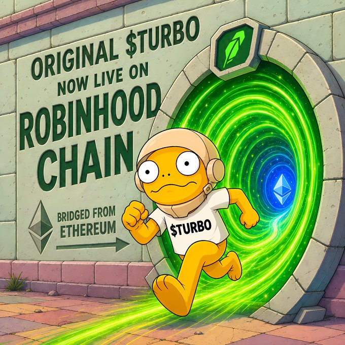 An illustration of a cartoon character wearing a $TURBO shirt running through a green portal, with a brick wall displaying text: 'ORIGINAL $TURBO NOW LIVE ON ROBINHOOD CHAIN' and 'BRIDGED FROM ETHEREUM' pointing toward the portal.