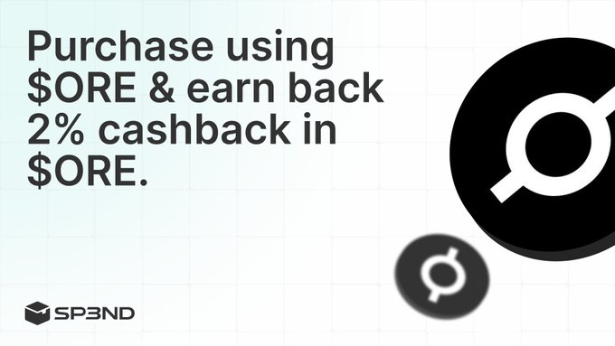 The image shows a post on SP3ND that promotes an e-commerce store called SP3ND. It appears to be advertising some goods, with a logo displayed at the top of the screen. The main text features information about a $1.50 product from SP3ND and how it can be used for purchase using $ORE & Earn Back 2% Cashback in $ORE.