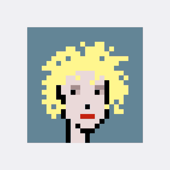 Another pixel art portrait similar to Image 5, showing a blonde character with curly hair and red mouth on a gray-blue background, framed in a larger gray border.