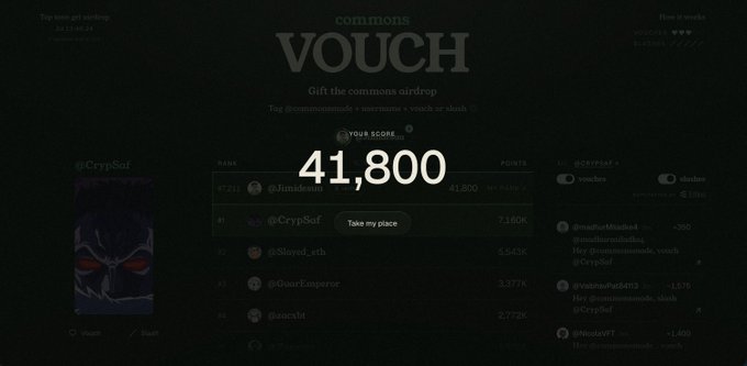 A screenshot of a leaderboard for a "commons VOUCH" airdrop shows a score of 41,800 in the center, with rankings and usernames like "@Junidesu" and "@CrypSol" visible.