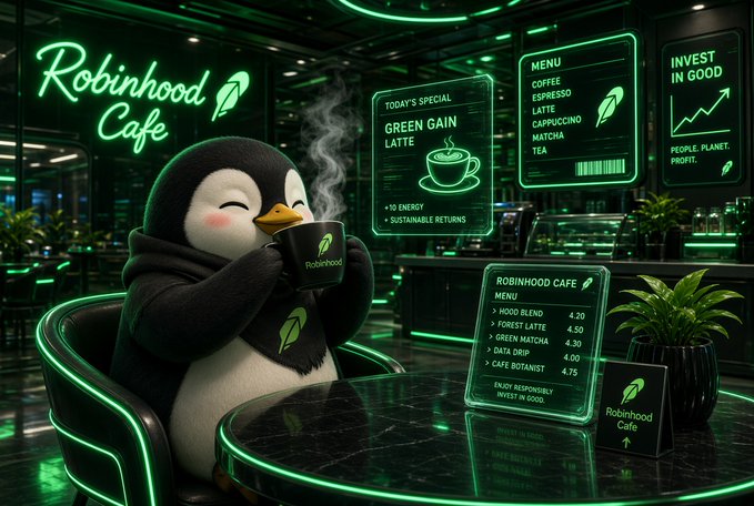 An AI-generated image of a penguin in a black hoodie drinking from a mug at the 'Robinhood Cafe,' which features green neon lighting and a menu with items like 'Green Gain Latte' and stock market-themed branding.