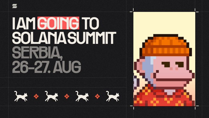 A promotional graphic with text 'I AM GOING TO SOLANA SUMMIT SERBIA, 26-27. AUG' alongside a pixel art character of a man with white hair wearing an orange beanie and red shirt.