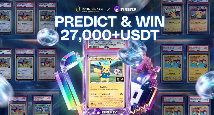 A promotional advertisement for a 'PREDICT & WIN 27,000+ USDT' contest by renatss.xyz and FIREFLY, featuring a Pikachu Pokémon card with sports attire as the central image.