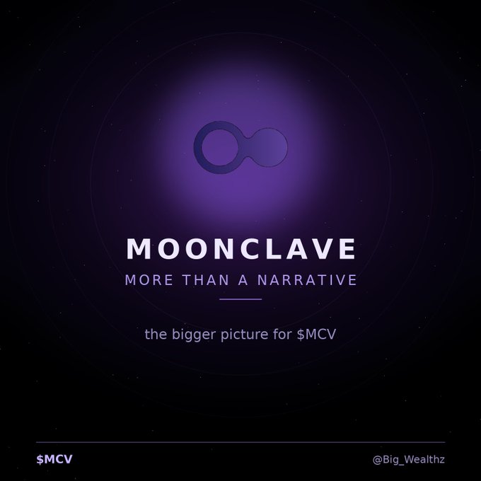 Dark purple logo screen for 'MOONCLAVE' with the tagline 'MORE THAN A NARRATIVE' and 'the bigger picture for $MCV', credited to @Big_Wealthz.