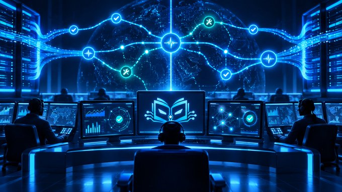An AI-generated digital artwork depicting a futuristic blue command center with operators at multiple computer screens, with a central monitor displaying an open book icon beneath a glowing brain network.