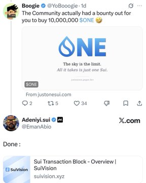 A Twitter/X post by Boogie (@YoBoogieie) showing a SuiVision ONE graphic with the text 'The Community actually had a bounty out for you to buy 10,000,000 SONE', followed by a reply from Adeniyi.sui.