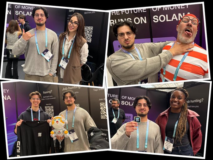 The image features a collage of six photos, each capturing different moments from an event or gathering. In one photo, two people can be seen holding up their shirts with "The Stars are out at London Tech Week" written on them. Another photo shows a man wearing a red and white striped shirt, while another person is wearing a gray sweater. The remaining four photos display various individuals posing for pictures in front of a backdrop that reads "The Solana acceleration continues to go mainstream".