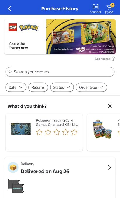 The image shows a "Purchase History" screen from a shopping app featuring LEGO Pokémon products, with a search bar, order filters, a "What'd you think?" review section for "Pokemon Trading Card Games Charizard X Ex Ul..." and a delivery status showing "Delivered on Aug 26." The caption references the poster's raffle loss, likely connecting to the Pokémon merchandise purchase shown in their order history.