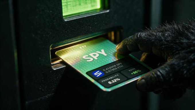 A gorilla hand pulls a glowing green pack from an ATM-style dispenser labeled "SPY" with ticker details showing 0.012% probability and a +96% price change, visually representing the lootbox mechanic of Fake Wall Street where players open packs on Robinhood chain to win tokenized stocks.